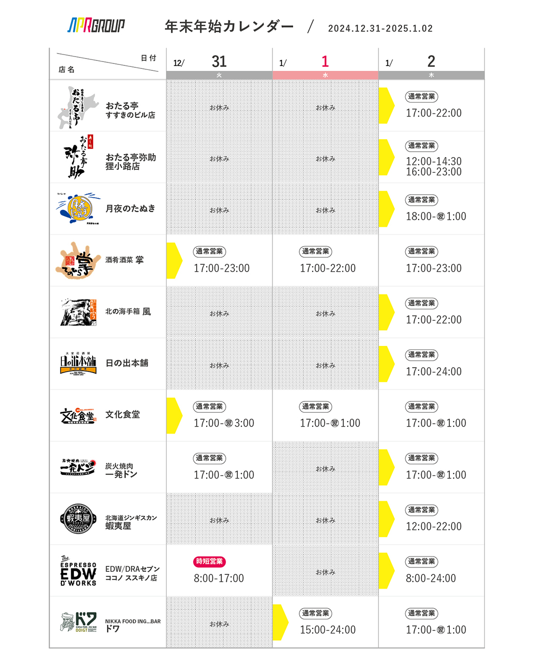 年末年始カレンダー｜12/31-1/3
